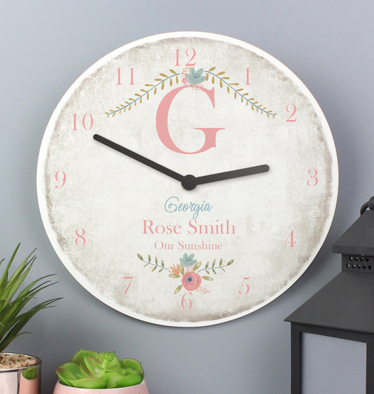 Personalised Floral Bouquet Shabby Chic Large Wooden Clock