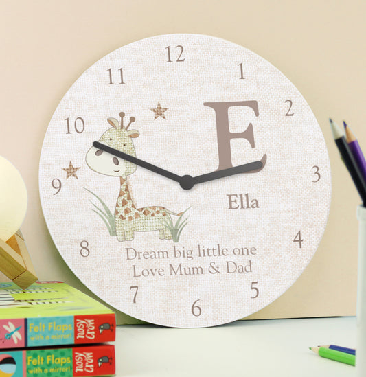 Personalised Hessian Giraffe Shabby Chic Large Wooden Clock