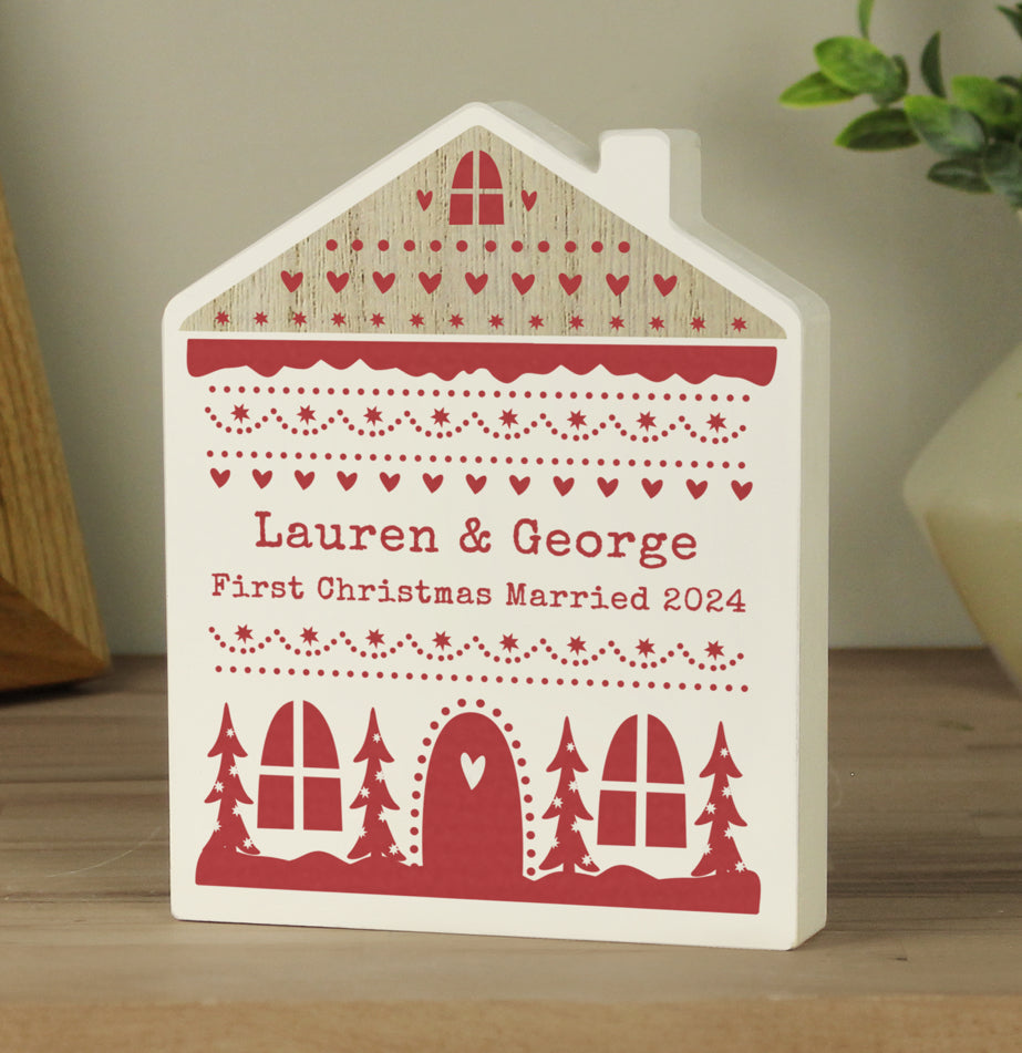 Personalised Christmas Fair Isle Wooden House Ornament