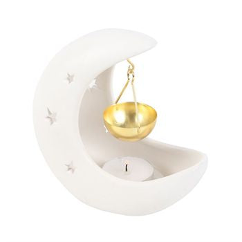 *White Crescent Moon Hanging Ceramic Oil Burner with Gold Metal Dish (12/48)
