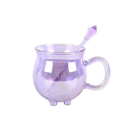 Purple Double Walled Glass Cauldron Mug with Spoon