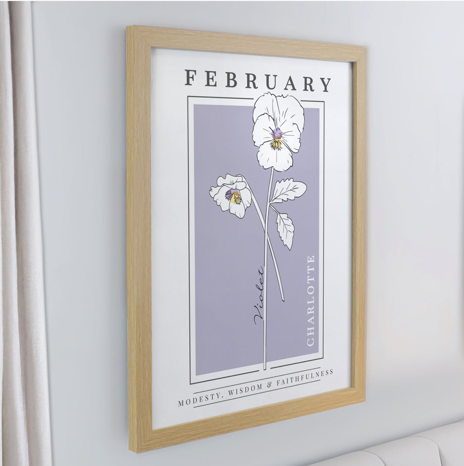 Personalised Birth Flower Oak Poster Frame