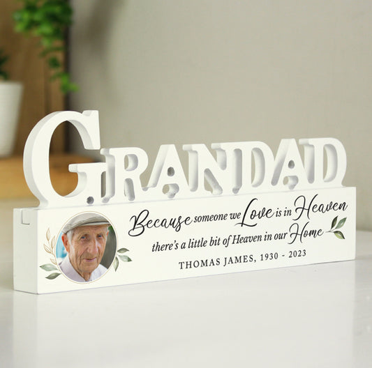 Personalised Botanical Memorial Photo Upload Wooden Grandad Ornament
