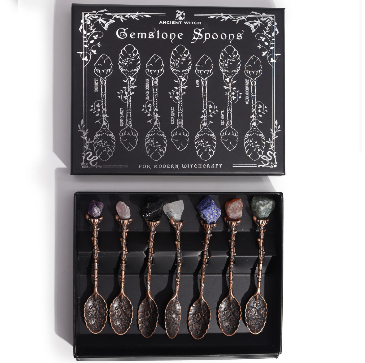 Set of 7 Bronze Gemstone Crystal Witch Spoons