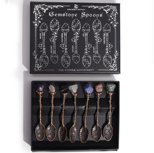 Set of 7 Bronze Gemstone Crystal Witch Spoons