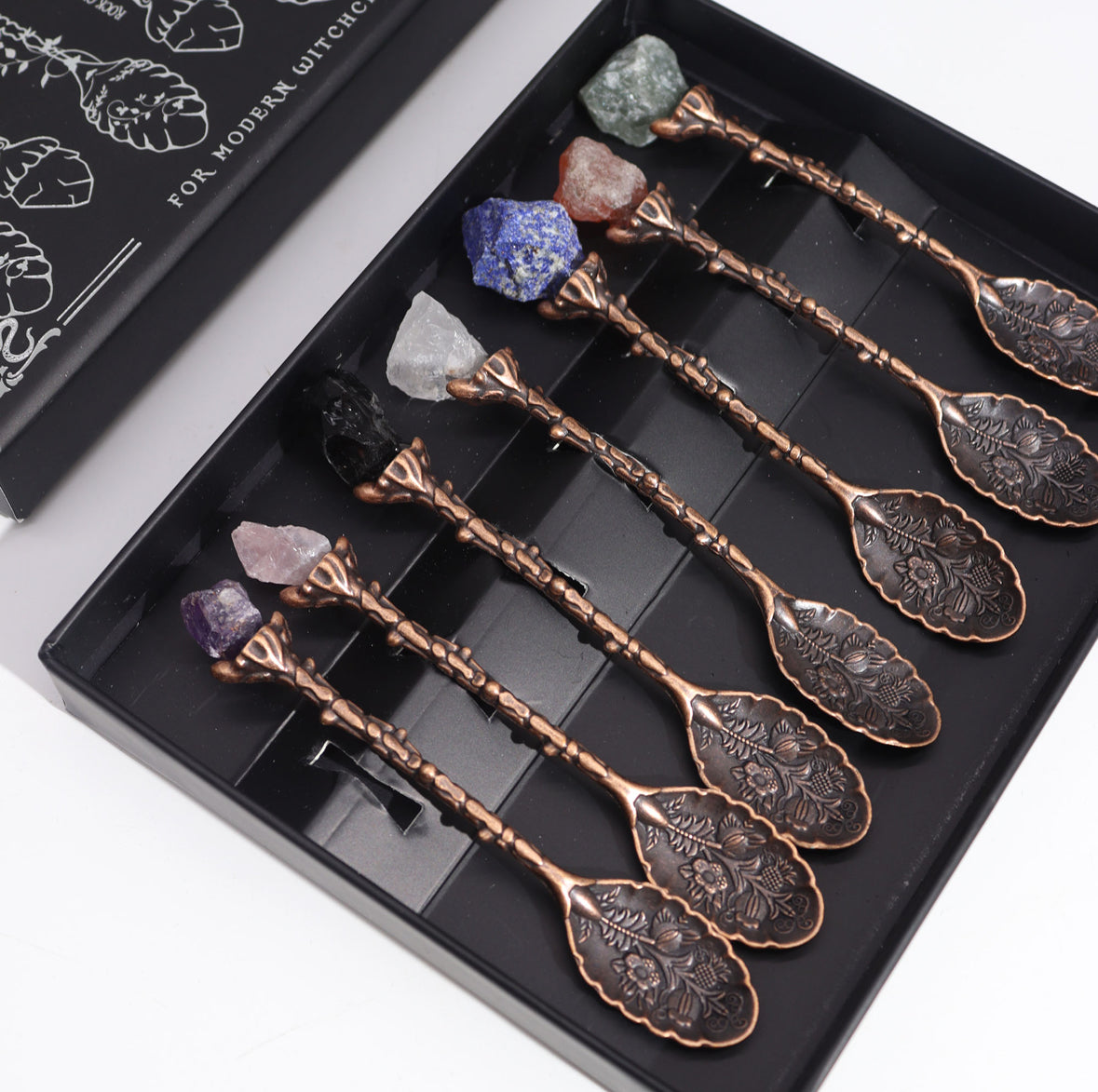 Set of 7 Bronze Gemstone Crystal Witch Spoons