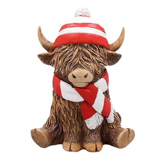 Highland Cow With Red and White Hat & Scarf In Gift Box 12cm