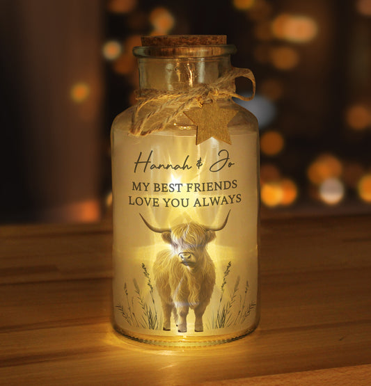 Personalised Highland Cow LED Light Up Jar