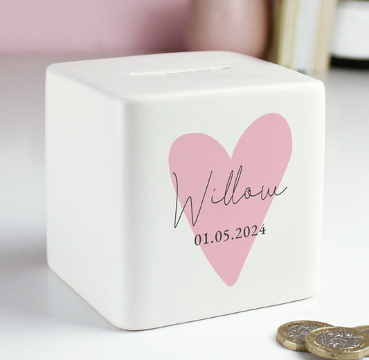 Personalised Pink Heart Ceramic Square Money Box