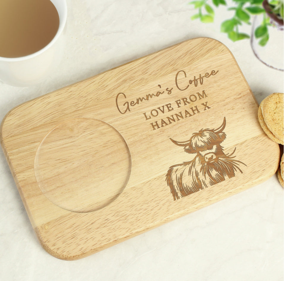 Personalised Highland Cow Wooden Coaster Tray