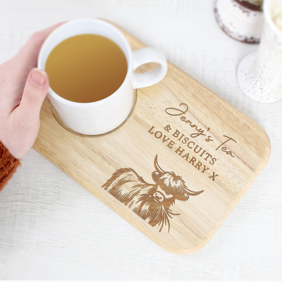 Personalised Highland Cow Wooden Coaster Tray