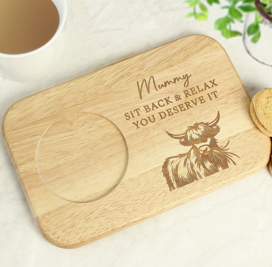Personalised Highland Cow Wooden Coaster Tray