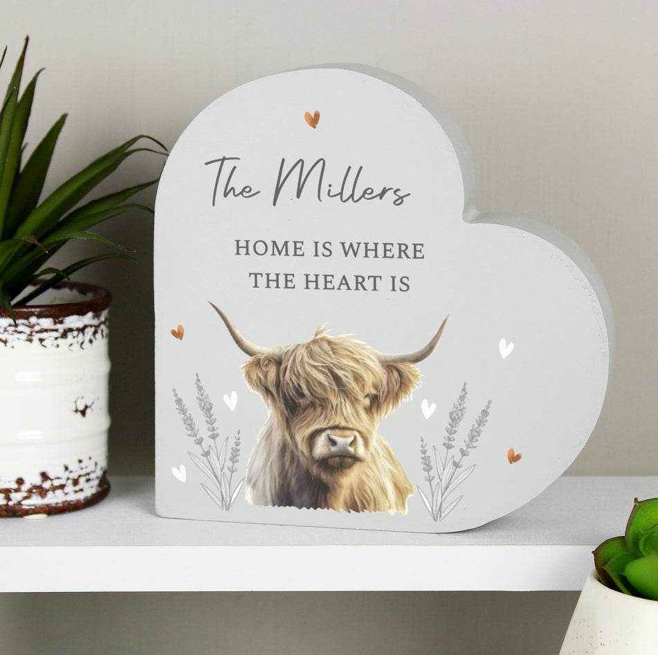 Personalised Highland Cow Wooden Heart Ornament