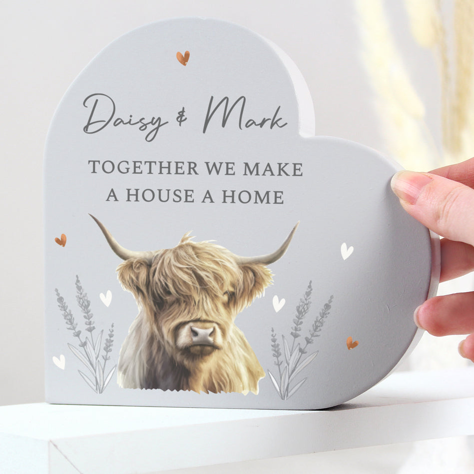 Personalised Highland Cow Wooden Heart Ornament
