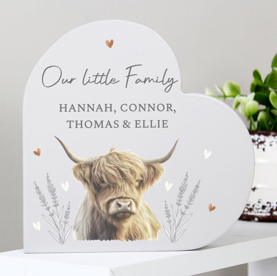 Personalised Highland Cow Wooden Heart Ornament