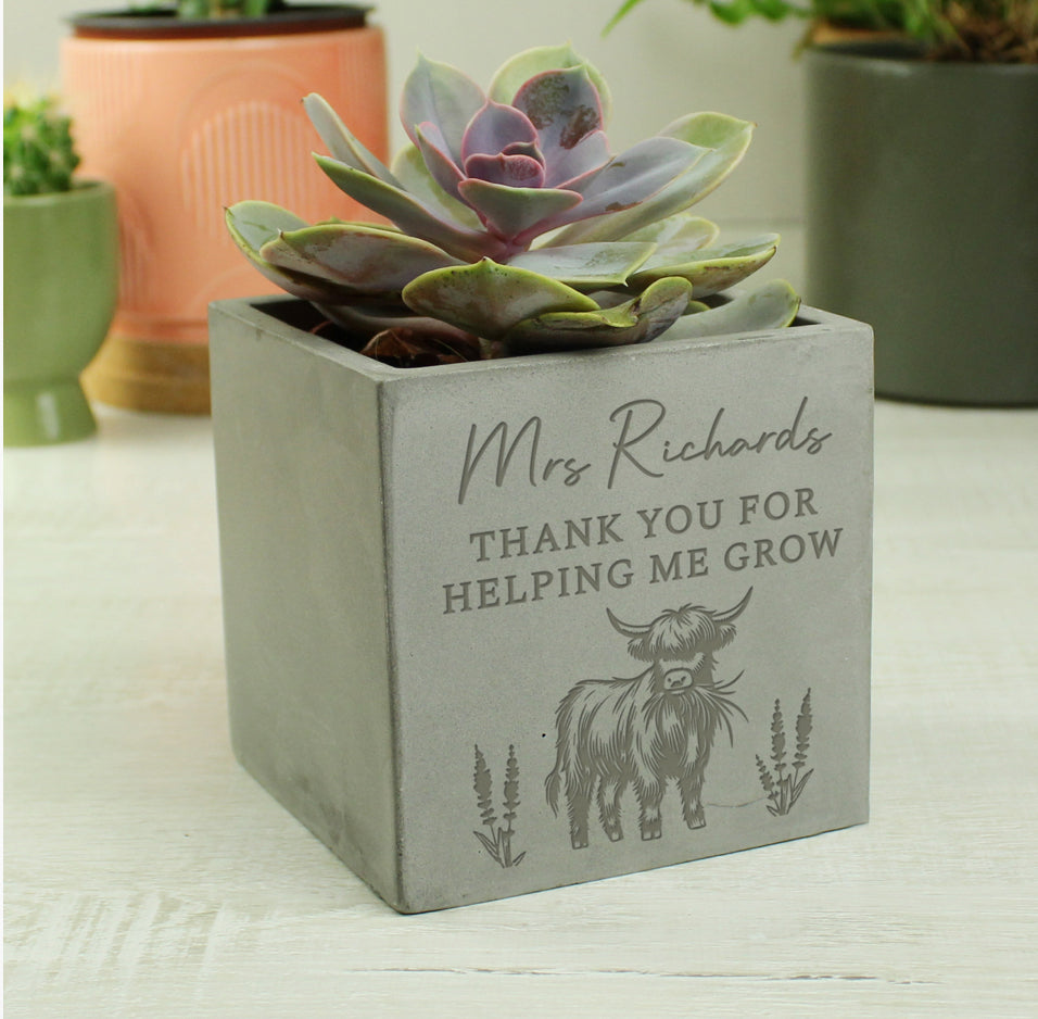 Personalised Highland Cow Concrete Plant Pot