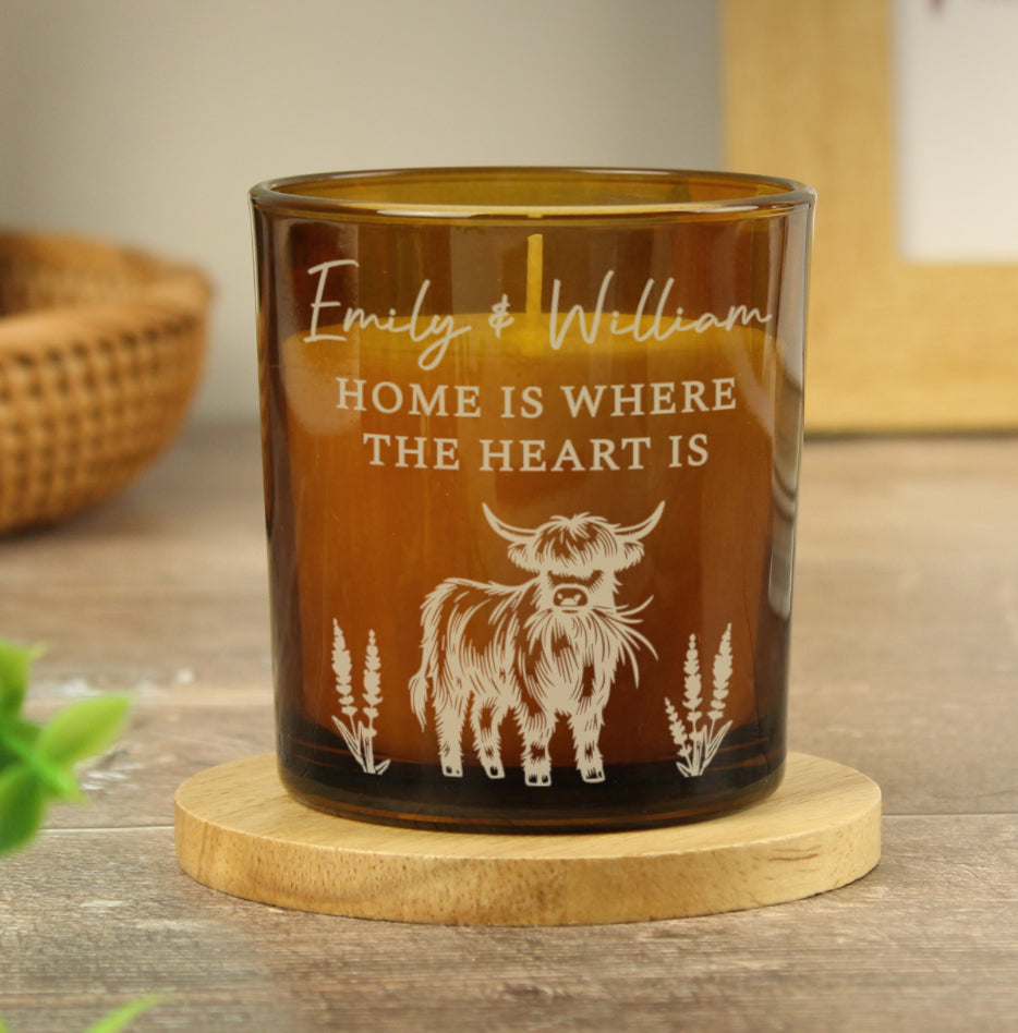 Personalised Engraved Highland Cow Amber Glass Candle