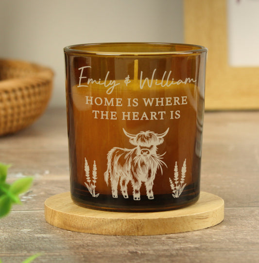 Personalised Engraved Highland Cow Amber Glass Candle