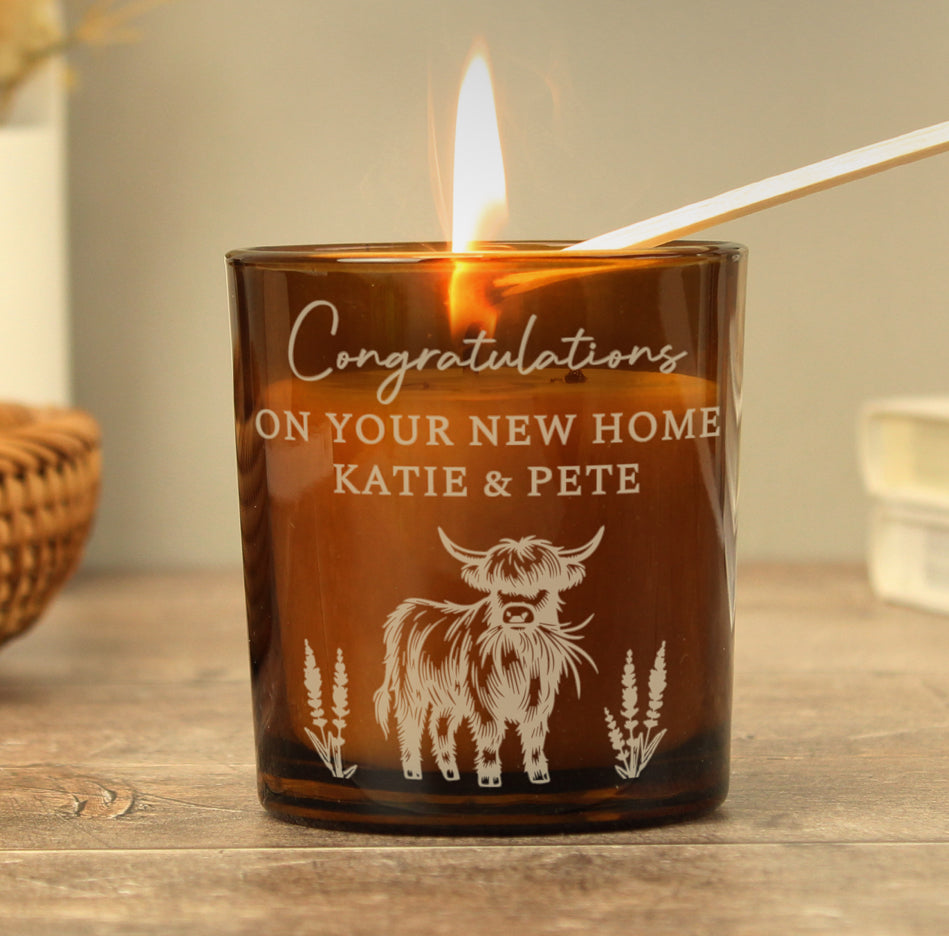 Personalised Engraved Highland Cow Amber Glass Candle