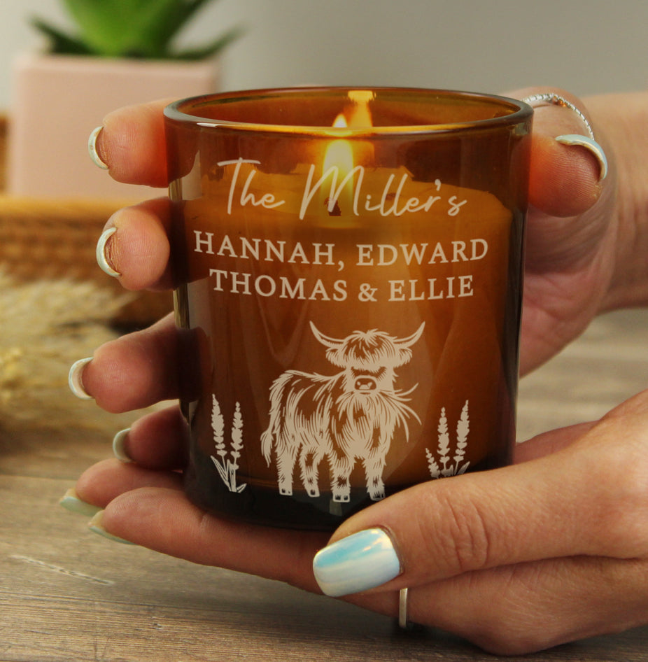 Personalised Engraved Highland Cow Amber Glass Candle
