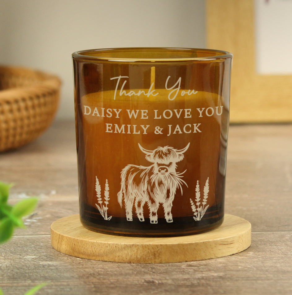 Personalised Engraved Highland Cow Amber Glass Candle