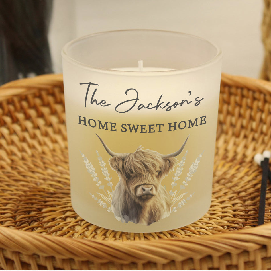 Personalised Highland Cow Frosted Glass Candle