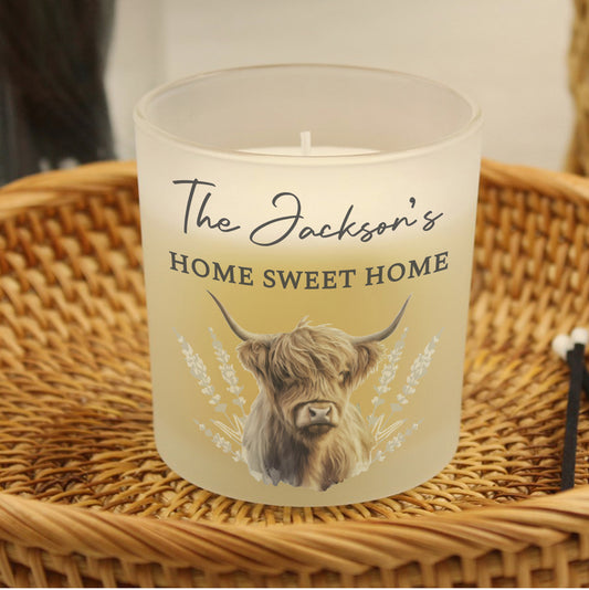 Personalised Highland Cow Frosted Glass Candle
