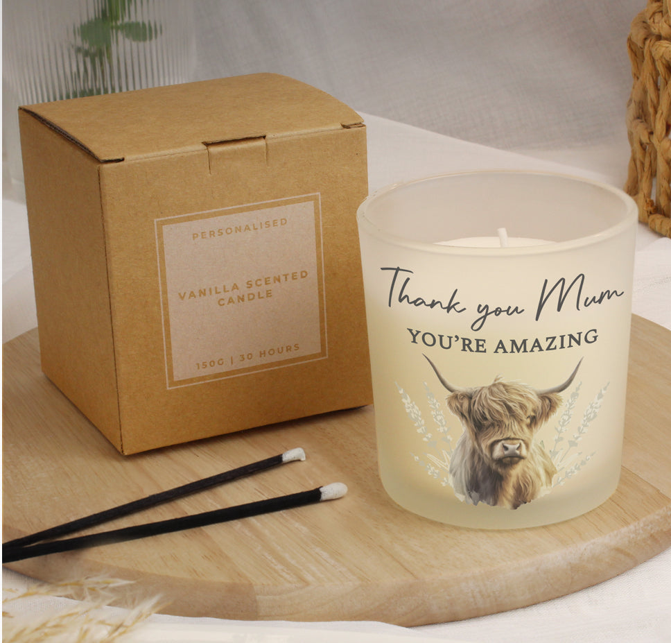 Personalised Highland Cow Frosted Glass Candle