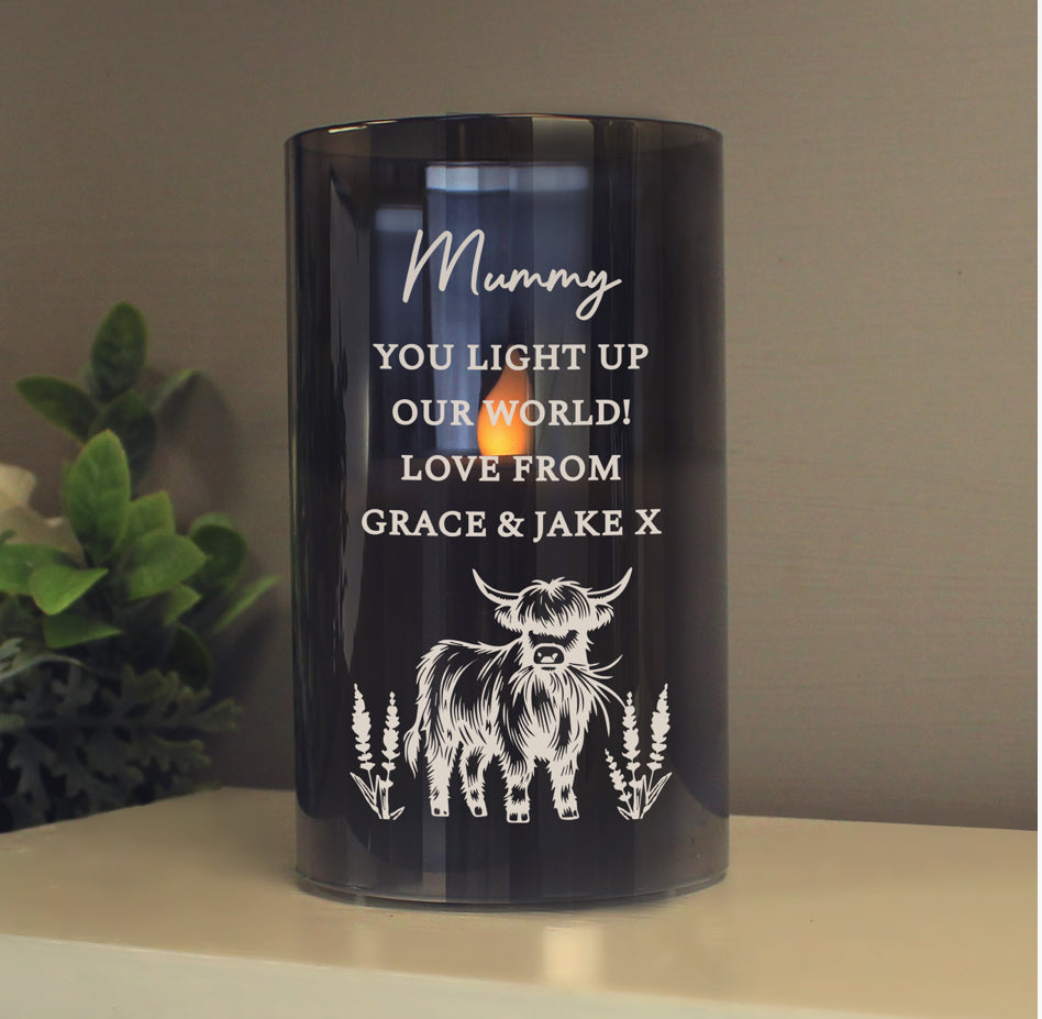 Personalised Highland Cow Glass LED Candle