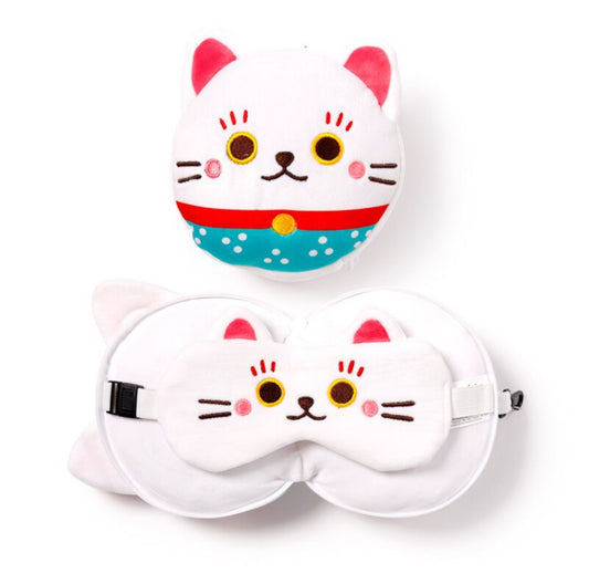 Relaxeazzz Travel Pillow & Eye Mask - Maneki Neko Lucky Cat
