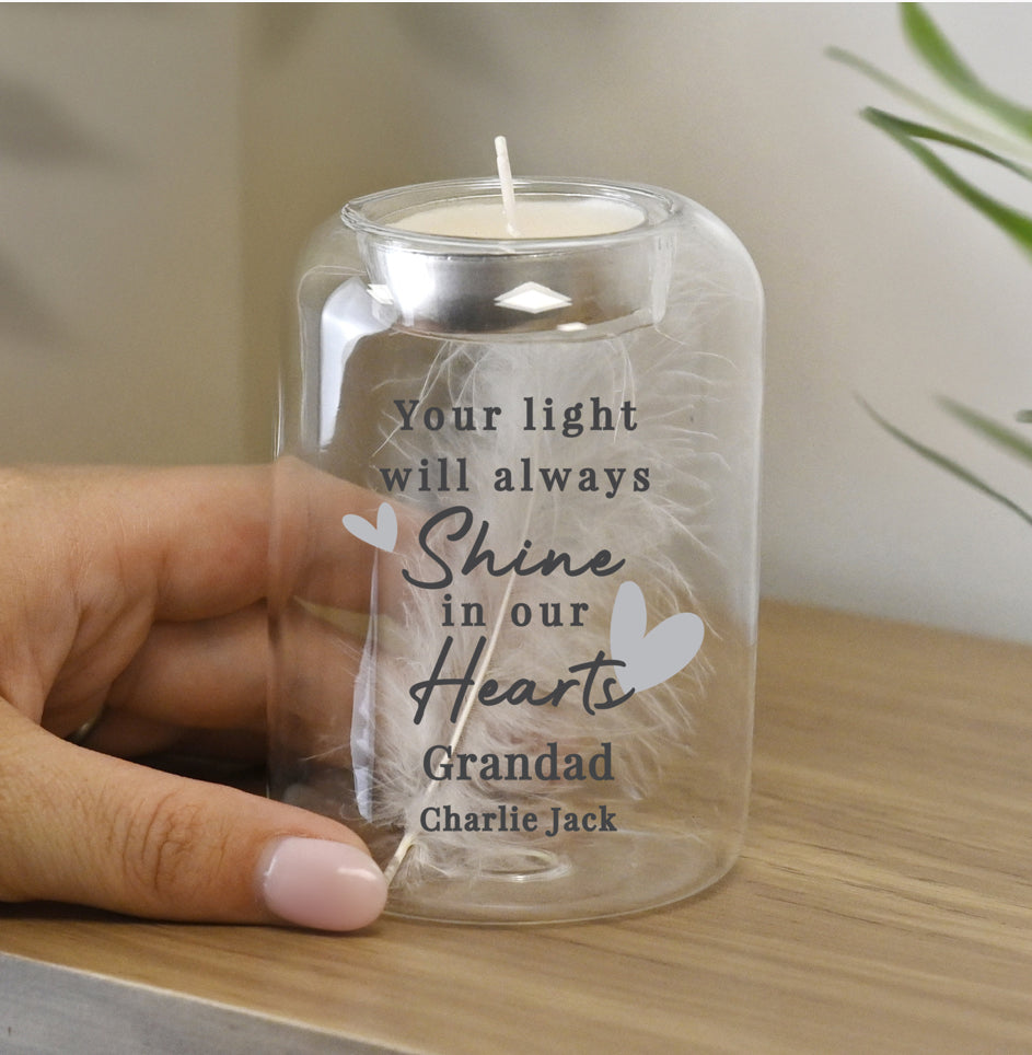 Personalised In Our Hearts Memorial Feather Tealight Holder