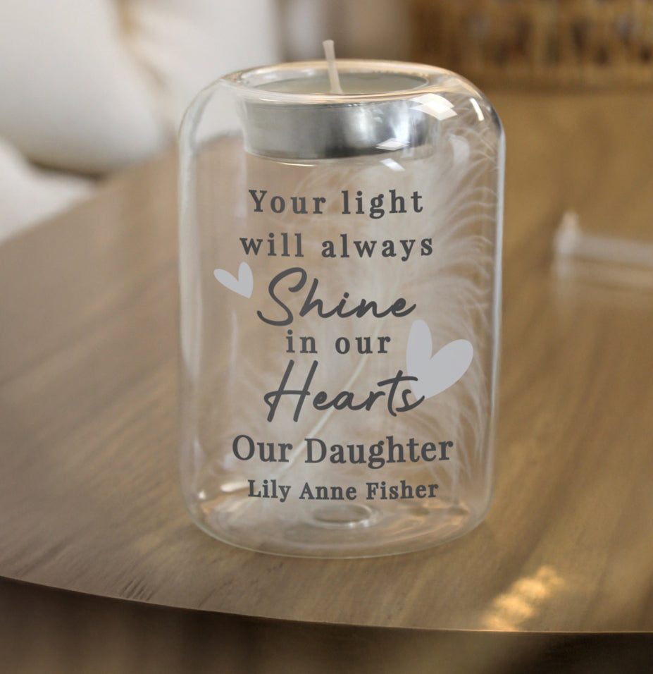 Personalised In Our Hearts Memorial Feather Tealight Holder