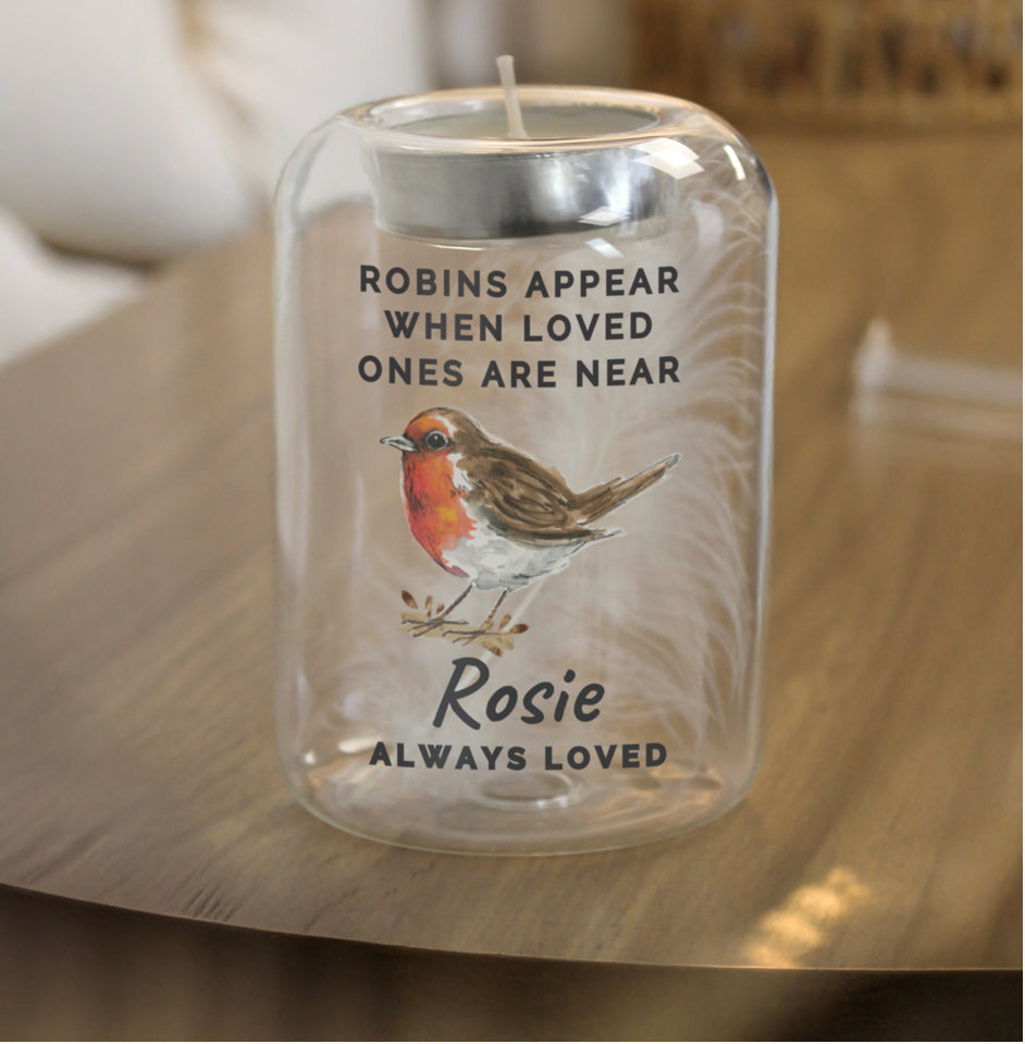 Personalised Robin Memorial Feather Tealight Holder