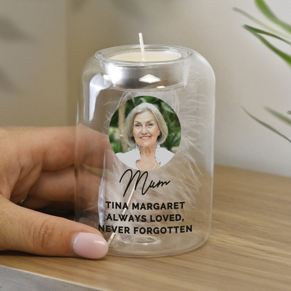 Personalised Photo Upload Memorial Feather Tealight Holder