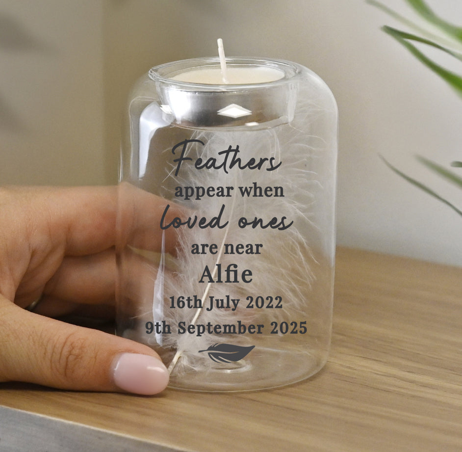 Personalised Loved Ones Memorial Feather Tealight Holder