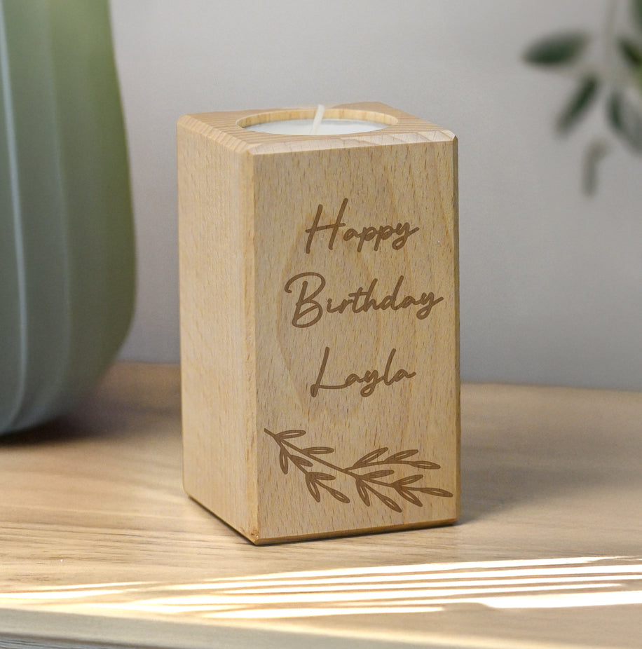 Personalised Botanical Wooden Tealight Holder