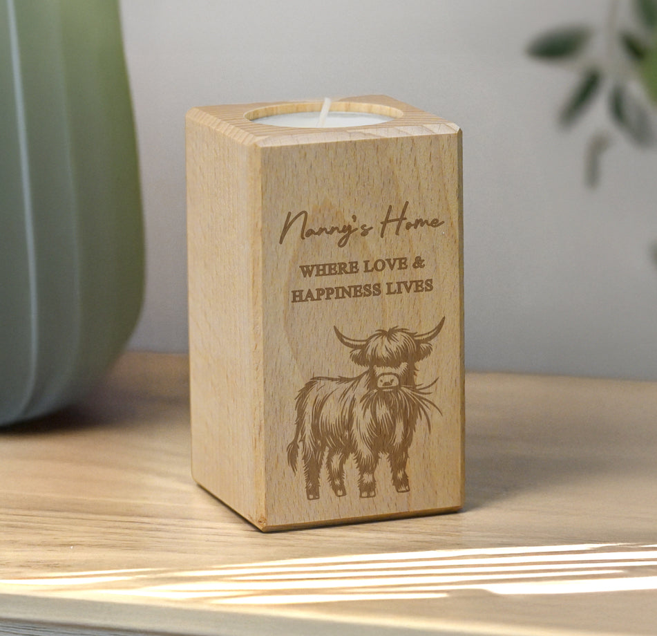 Personalised Highland Cow Wooden Tealight Holder