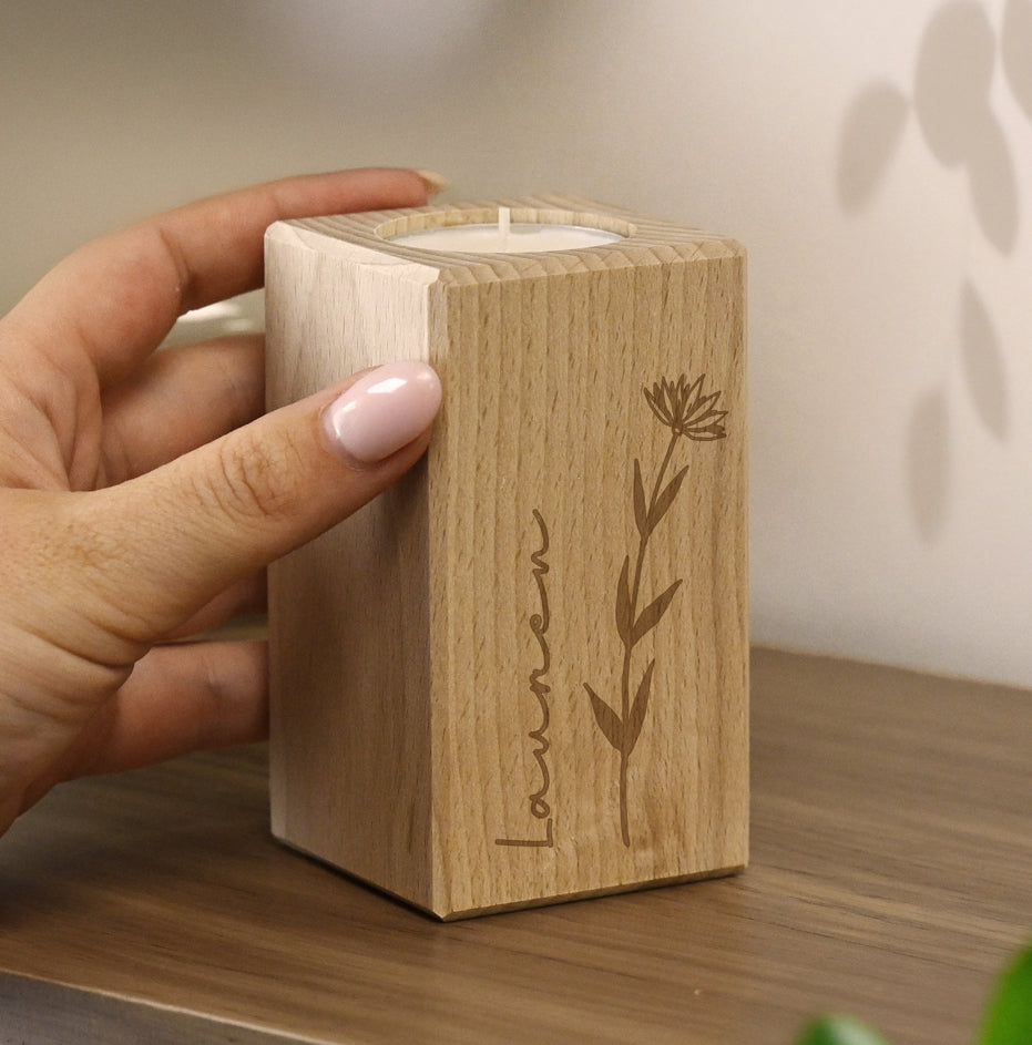 Personalised Floral Wooden Tealight Holder