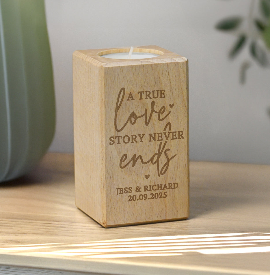 Personalised Love Story Wooden Tealight Holder