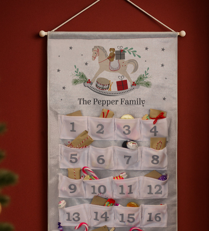 Personalised Rocking Horse Advent Calendar In Silver Grey