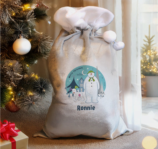 Personalised The Snowman and the Snowdog Luxury Silver Grey Pom Pom Sack