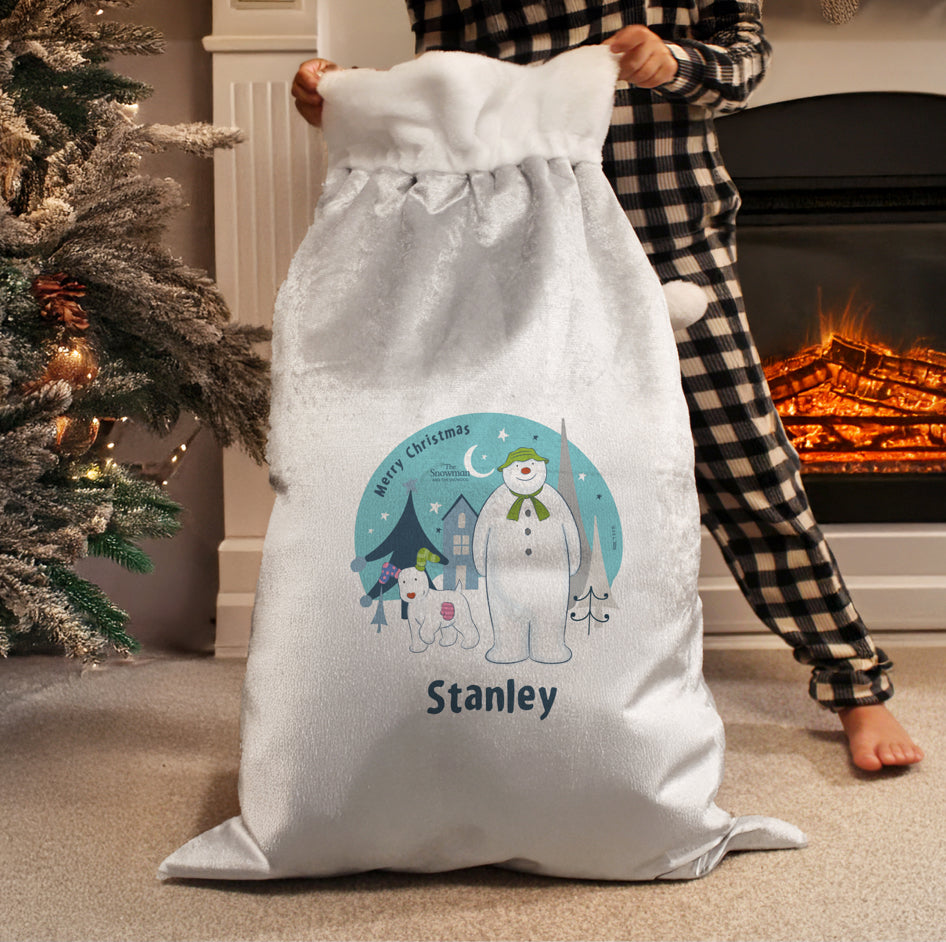 Personalised The Snowman and the Snowdog Luxury Silver Grey Pom Pom Sack