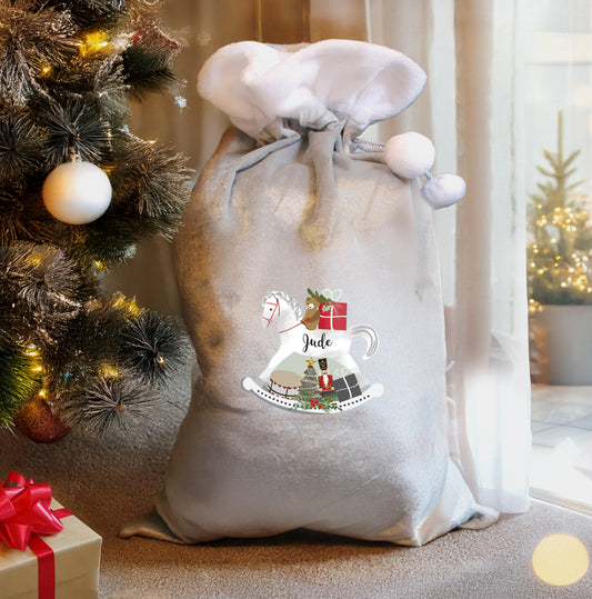 Personalised Rocking Horse Luxury Silver Grey Pom Pom Sack
