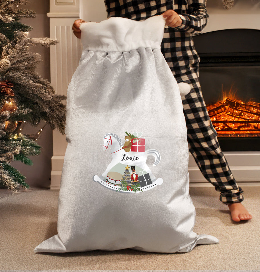 Personalised Rocking Horse Luxury Silver Grey Pom Pom Sack