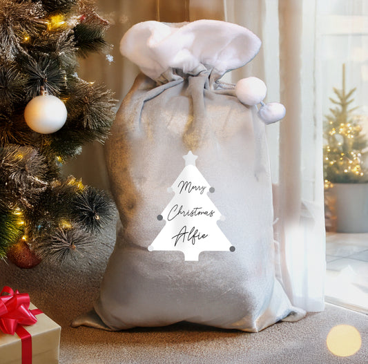 Personalised Christmas Tree Luxury Silver Grey Pom Pom Sack