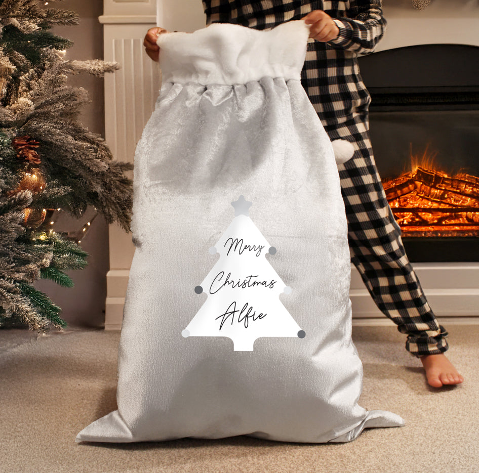 Personalised Christmas Tree Luxury Silver Grey Pom Pom Sack