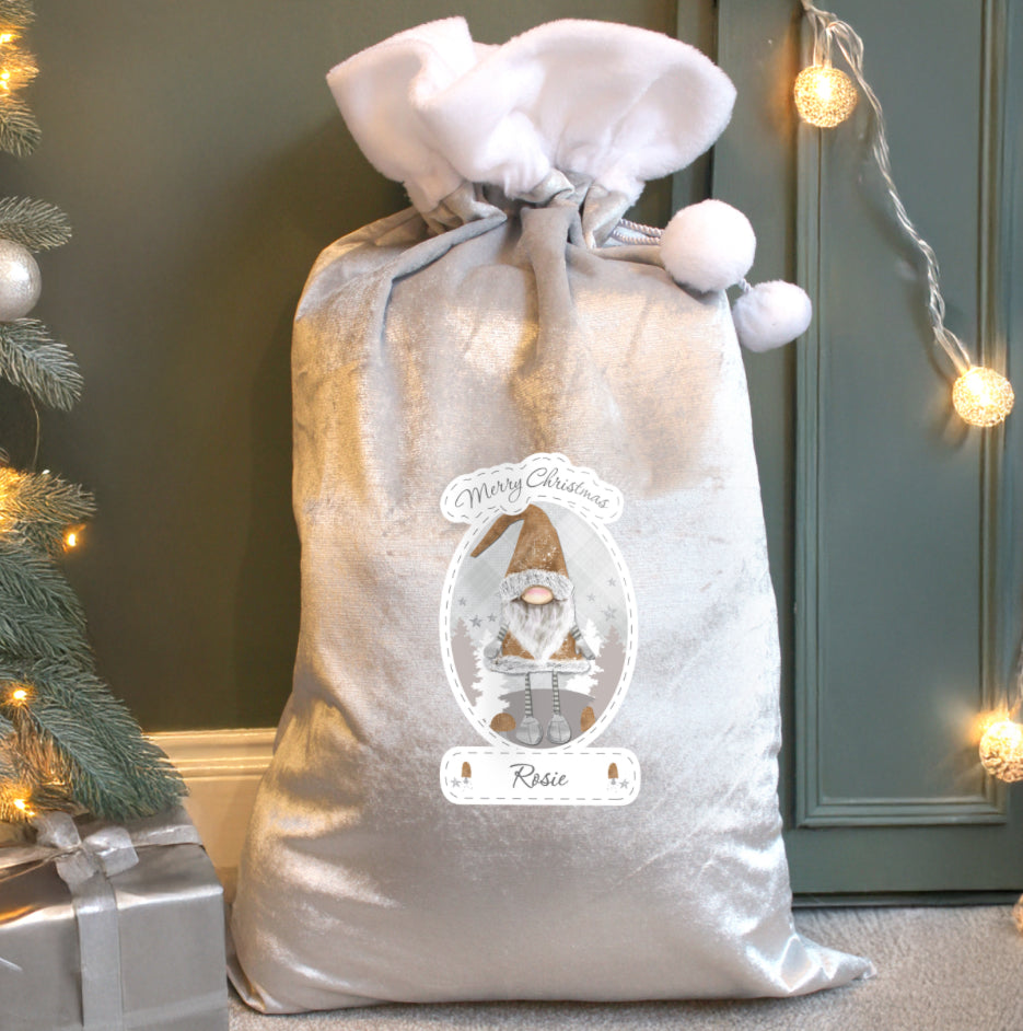 Personalised Christmas Gonk Luxury Silver Grey Pom Pom Sack