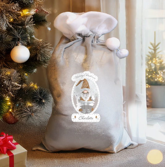 Personalised Christmas Gonk Luxury Silver Grey Pom Pom Sack