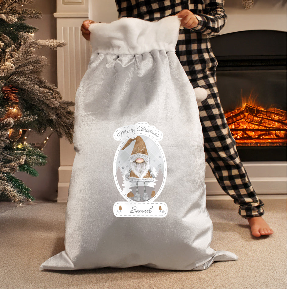 Personalised Christmas Gonk Luxury Silver Grey Pom Pom Sack