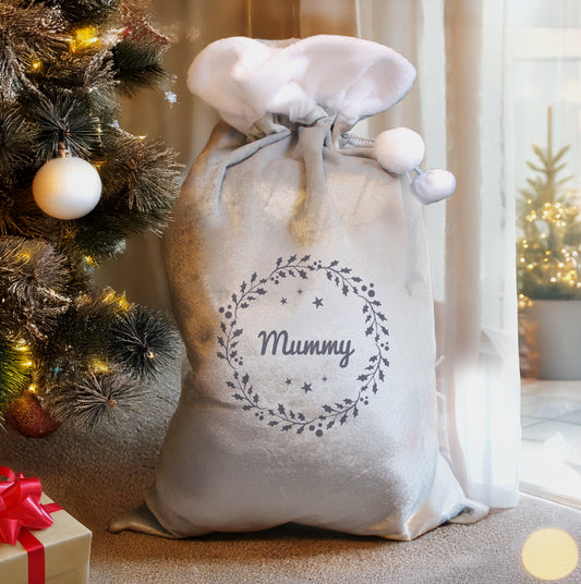 Personalised Holly Grey Christmas Sack